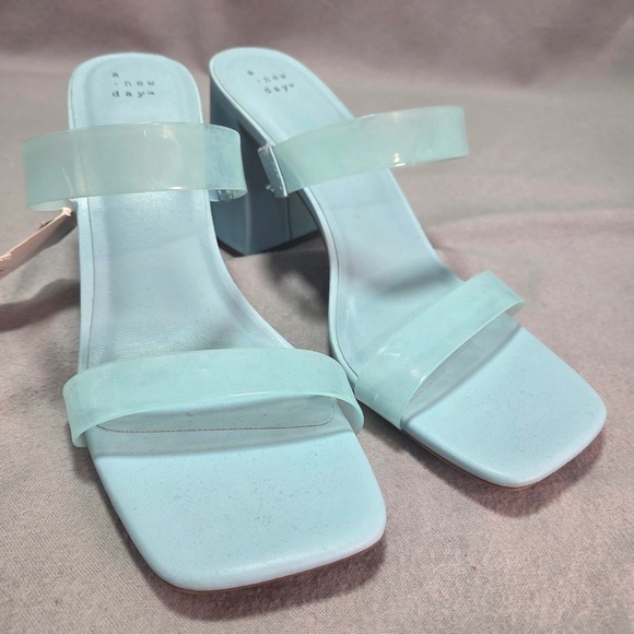 a new day Shoes - A New Day Deanna Heeled Sandals Light Blue Clear Straps Block Heel Y2K 11
